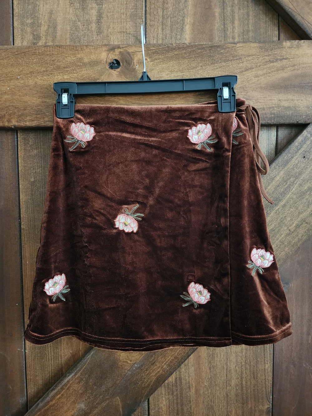 Honey Belle Brown Velvet Mini Skirt with Pink Floral Embroidery